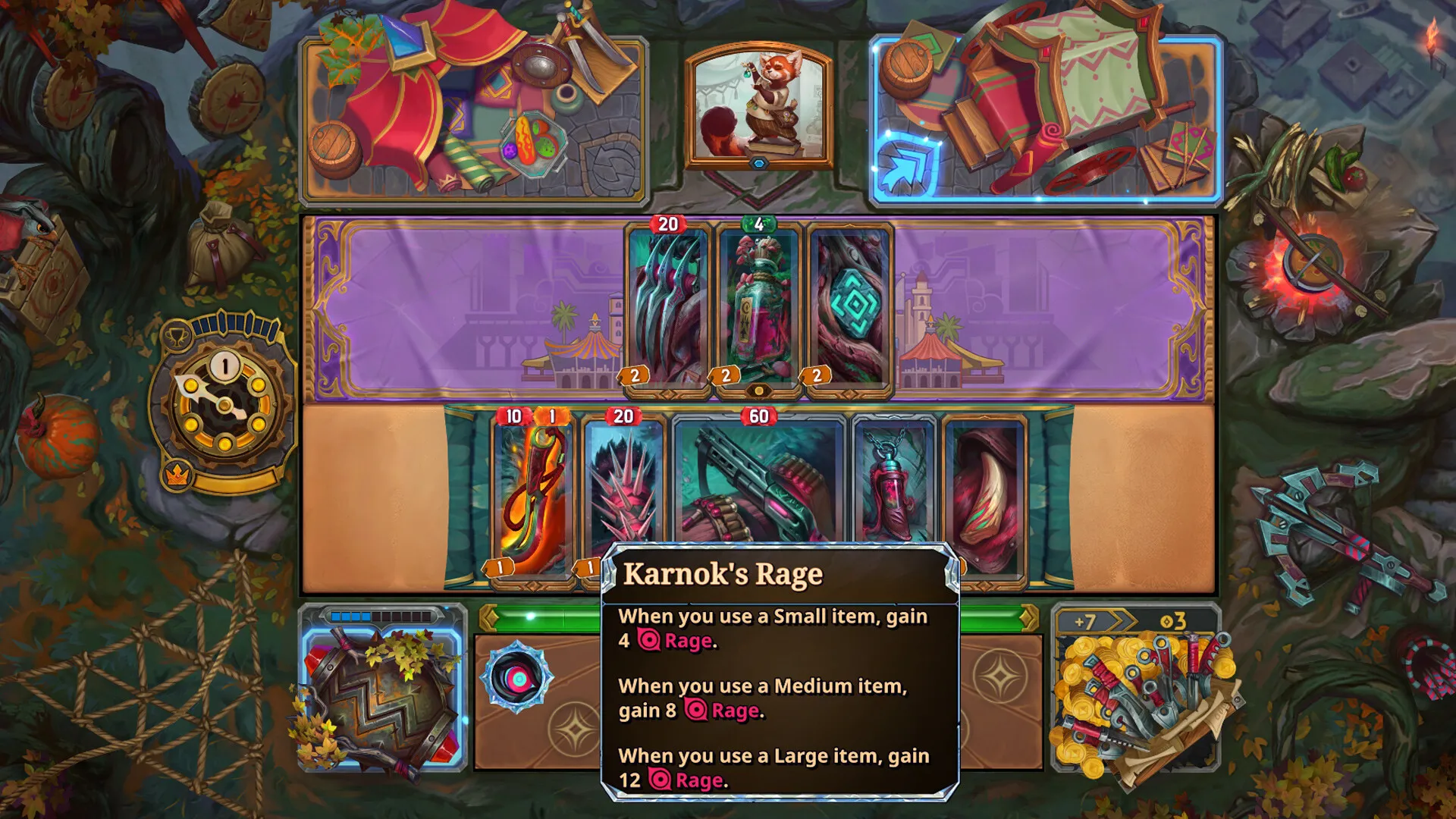Gameplay board showing a Karnok’s Rage tooltip describing Rage gains by item size