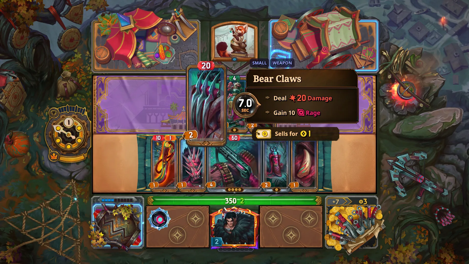Gameplay UI showing a Bear Claws item tooltip with Gain 10 Rage and Karnok portrait